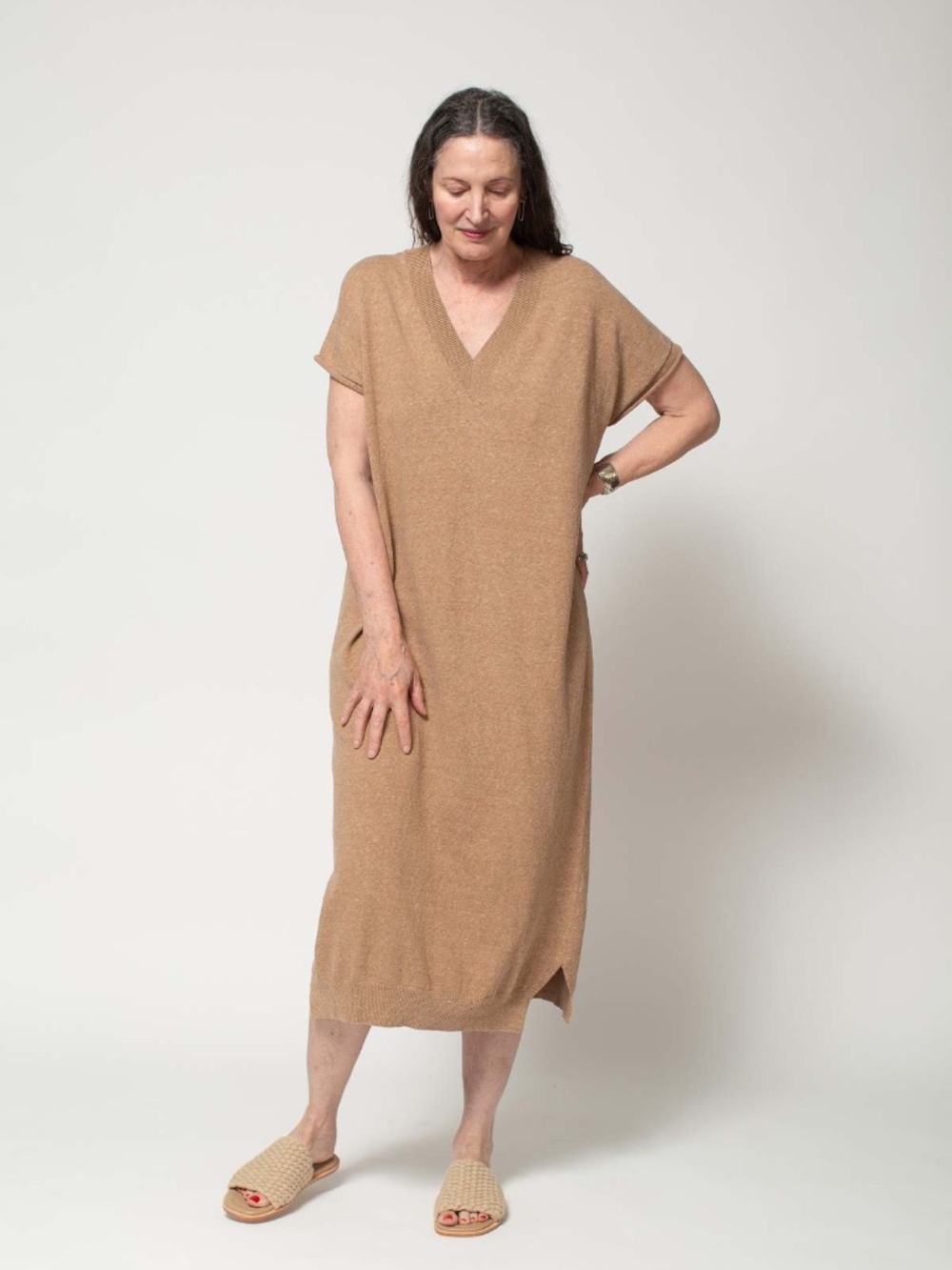 CORDERA The Soft Cotton V-Neck Dress in Taupe Flecked Cotton Melange Monica SS22